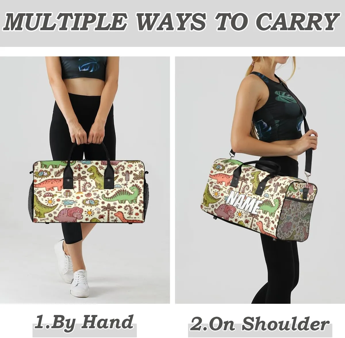 Personalized Cute Dinosaur Travel Duffel Bag with Name, Custom Gym Sport Bag Dino Pattern Carry On Weekend Overnight Duffel Bag for Men Women