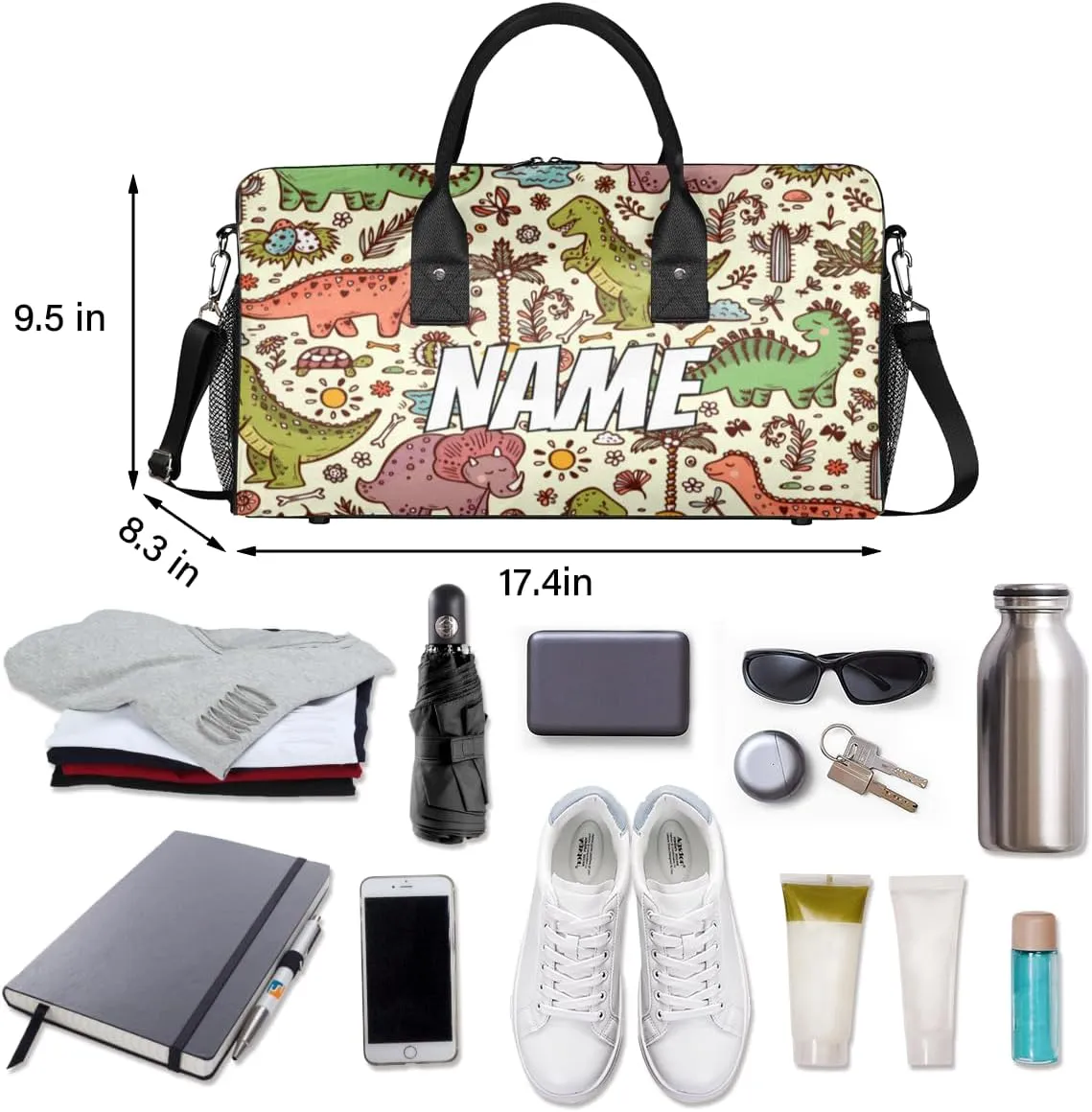 Personalized Cute Dinosaur Travel Duffel Bag with Name, Custom Gym Sport Bag Dino Pattern Carry On Weekend Overnight Duffel Bag for Men Women