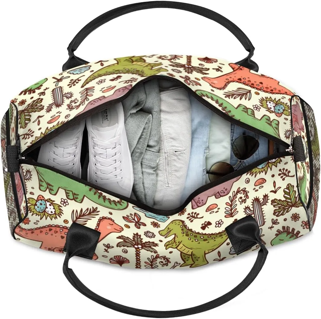 Personalized Cute Dinosaur Travel Duffel Bag with Name, Custom Gym Sport Bag Dino Pattern Carry On Weekend Overnight Duffel Bag for Men Women