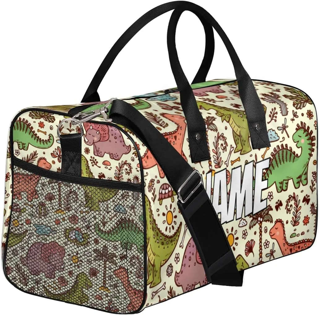 Personalized Cute Dinosaur Travel Duffel Bag with Name, Custom Gym Sport Bag Dino Pattern Carry On Weekend Overnight Duffel Bag for Men Women