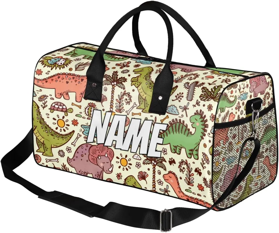Personalized Cute Dinosaur Travel Duffel Bag with Name, Custom Gym Sport Bag Dino Pattern Carry On Weekend Overnight Duffel Bag for Men Women