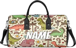 Personalized Cute Dinosaur Travel Duffel Bag with Name, Custom Gym Sport Bag Dino Pattern Carry On Weekend Overnight Duffel Bag for Men Women