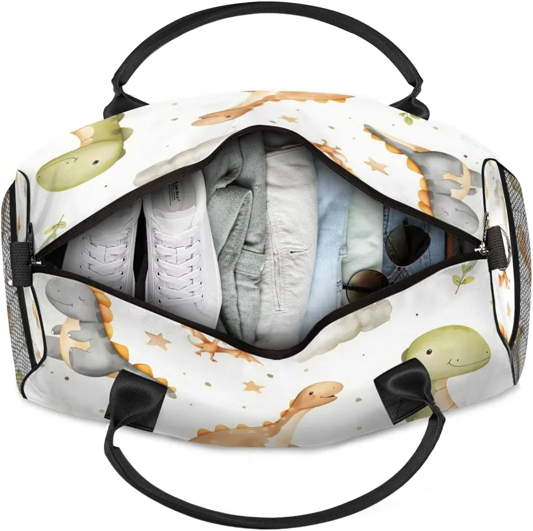 Personalized Cute Dinosaurs Travel Duffel Bag with Name, Custom Gym Sport Bag Watercolor Pattern Carry On Weekend Overnight Duffel Bag for Men Women