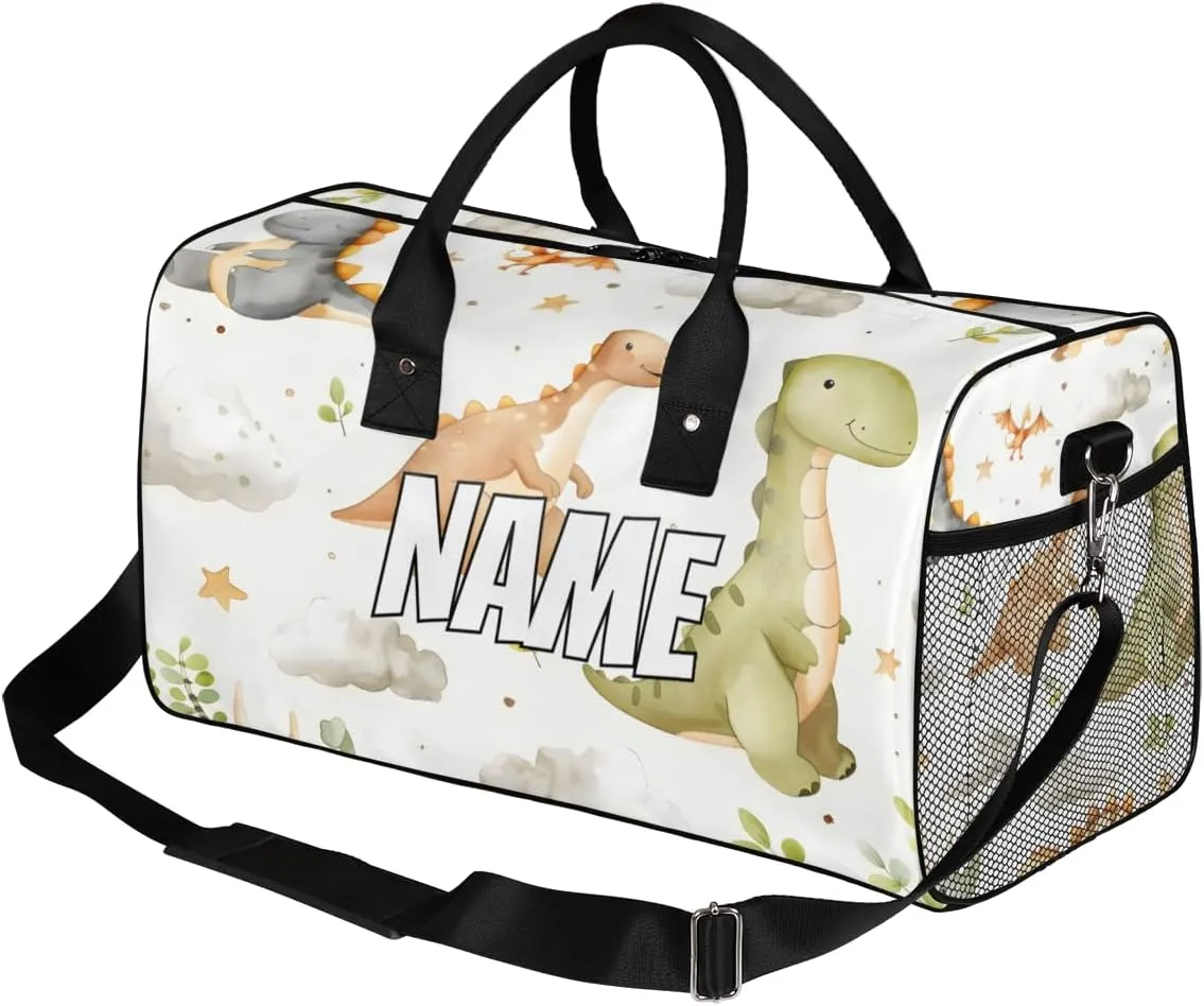 Personalized Cute Dinosaurs Travel Duffel Bag with Name, Custom Gym Sport Bag Watercolor Pattern Carry On Weekend Overnight Duffel Bag for Men Women