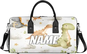 Personalized Cute Dinosaurs Travel Duffel Bag with Name, Custom Gym Sport Bag Watercolor Pattern Carry On Weekend Overnight Duffel Bag for Men Women