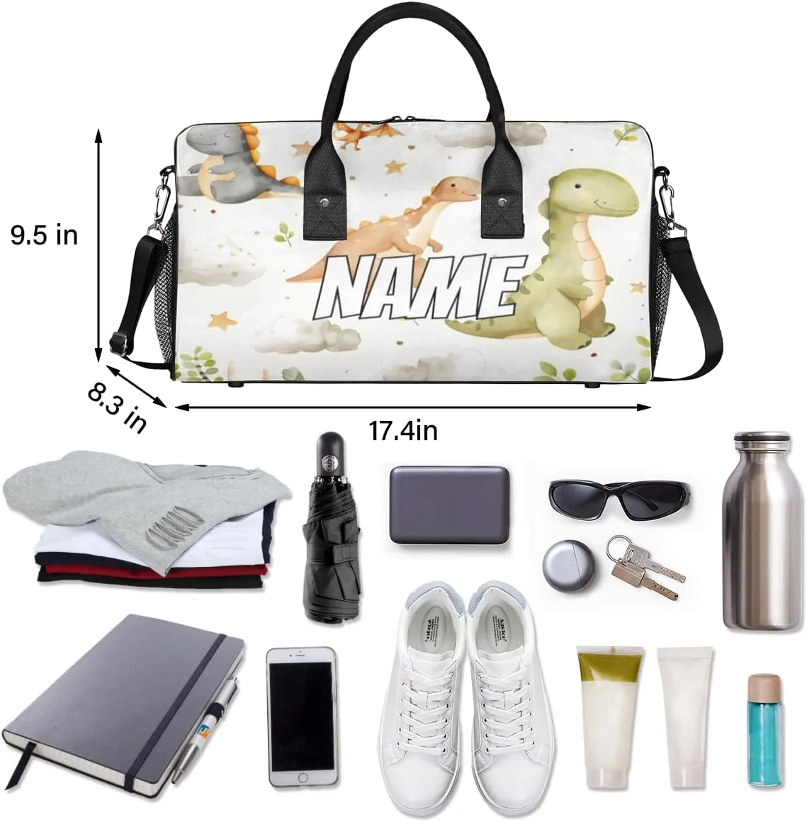 Personalized Cute Dinosaurs Travel Duffel Bag with Name, Custom Gym Sport Bag Watercolor Pattern Carry On Weekend Overnight Duffel Bag for Men Women