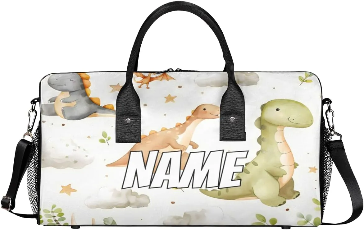 Personalized Cute Dinosaurs Travel Duffel Bag with Name, Custom Gym Sport Bag Watercolor Pattern Carry On Weekend Overnight Duffel Bag for Men Women