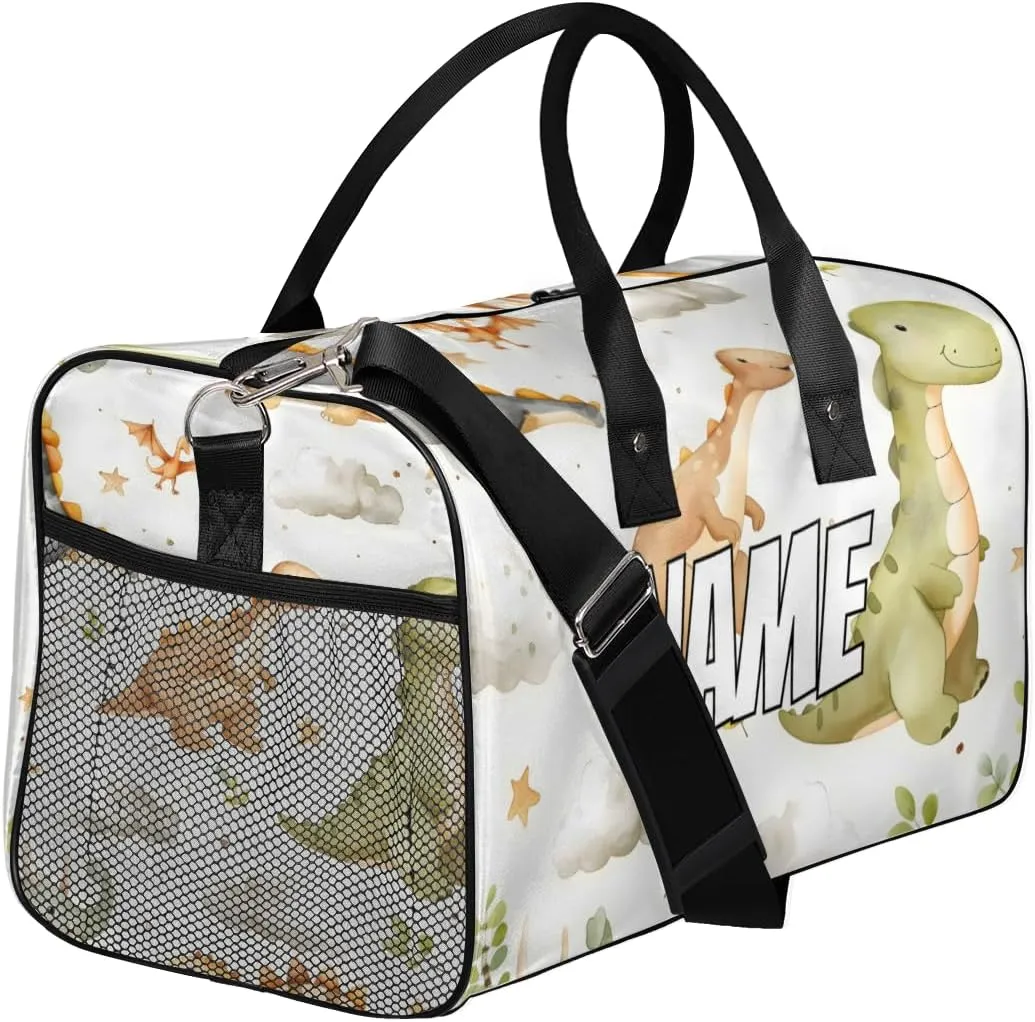 Personalized Cute Dinosaurs Travel Duffel Bag with Name, Custom Gym Sport Bag Watercolor Pattern Carry On Weekend Overnight Duffel Bag for Men Women