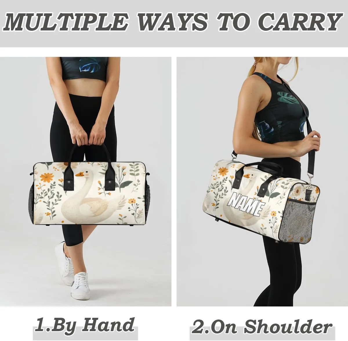 Personalized Cute Goose Travel Duffel Bag with Name, Custom Gym Sport Bag Farmhouse Daisy Carry On Weekend Overnight Duffel Bag for Men Women