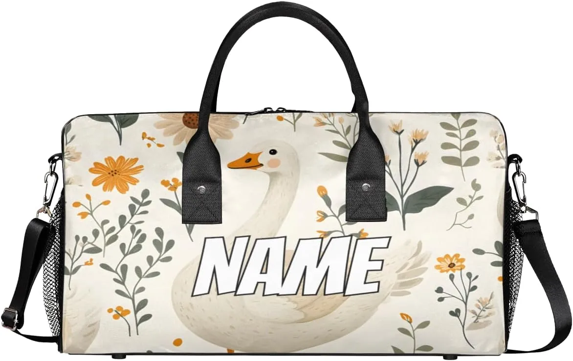Personalized Cute Goose Travel Duffel Bag with Name, Custom Gym Sport Bag Farmhouse Daisy Carry On Weekend Overnight Duffel Bag for Men Women