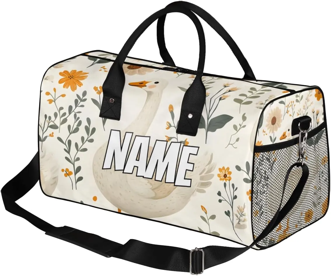 Personalized Cute Goose Travel Duffel Bag with Name, Custom Gym Sport Bag Farmhouse Daisy Carry On Weekend Overnight Duffel Bag for Men Women
