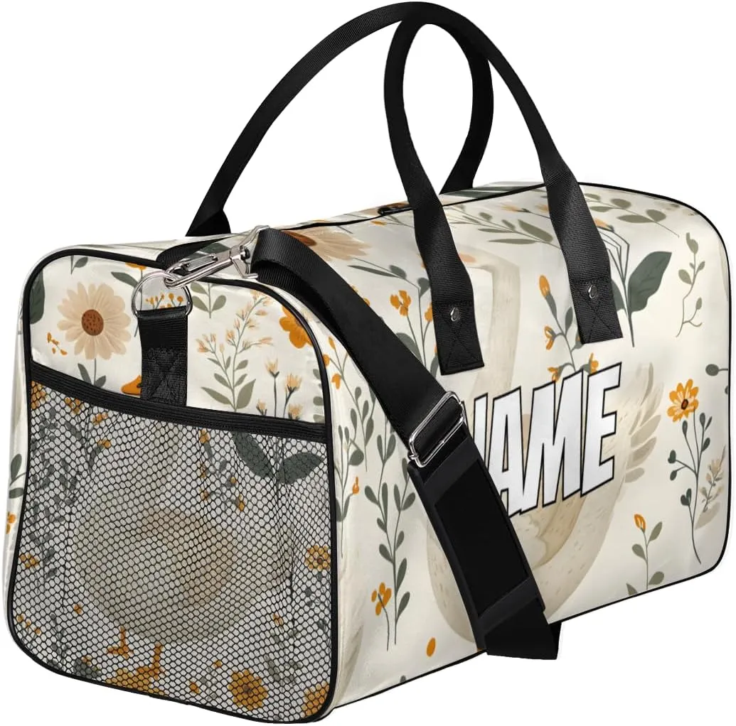 Personalized Cute Goose Travel Duffel Bag with Name, Custom Gym Sport Bag Farmhouse Daisy Carry On Weekend Overnight Duffel Bag for Men Women