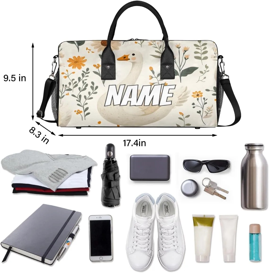 Personalized Cute Goose Travel Duffel Bag with Name, Custom Gym Sport Bag Farmhouse Daisy Carry On Weekend Overnight Duffel Bag for Men Women