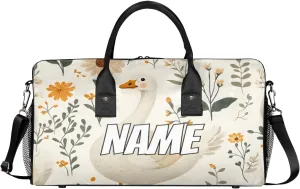 Personalized Cute Goose Travel Duffel Bag with Name, Custom Gym Sport Bag Farmhouse Daisy Carry On Weekend Overnight Duffel Bag for Men Women