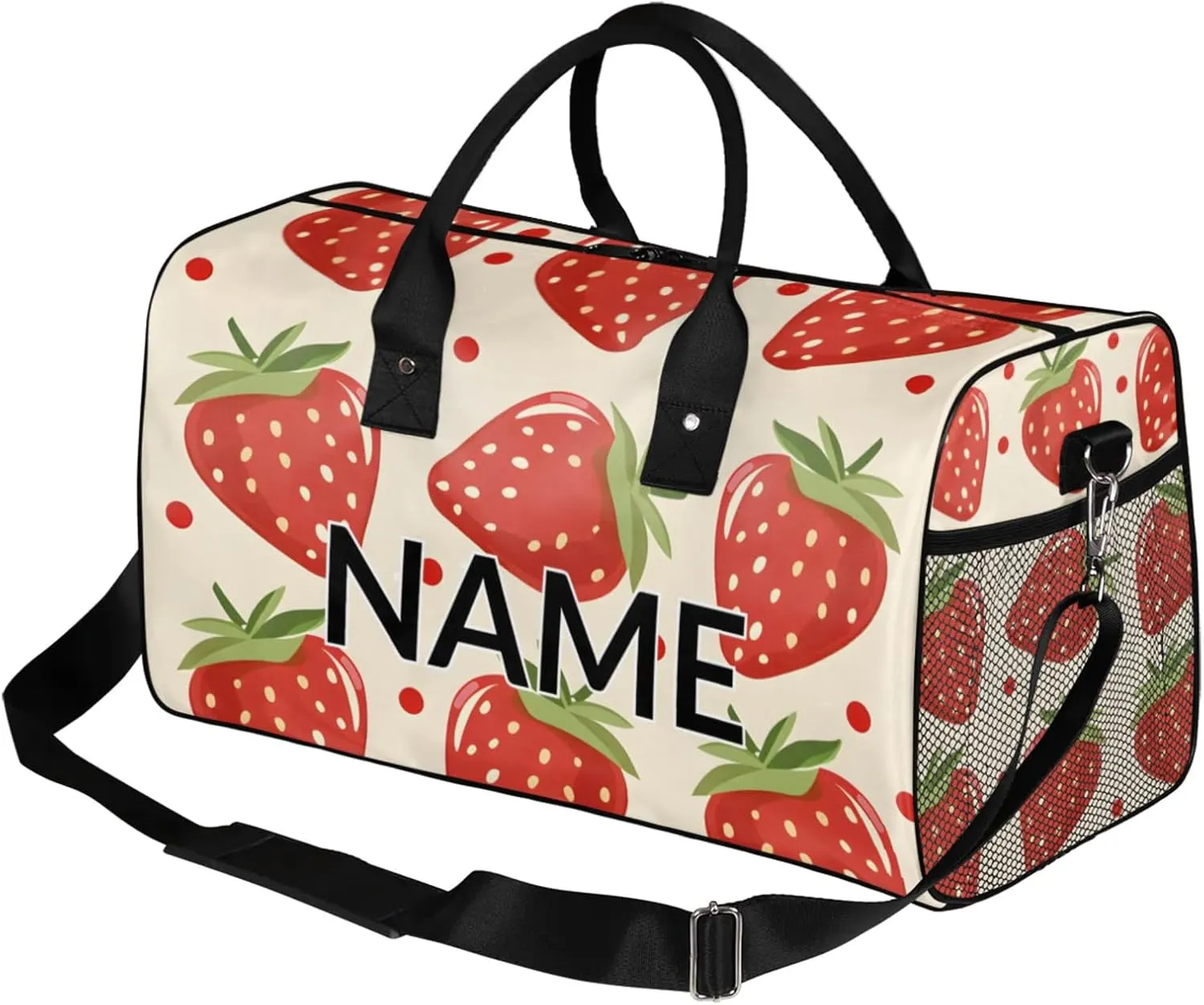 Personalized Cute Strawberry Travel Duffel Bag with Name, Custom Gym Sport Bag Modern Cartoon Carry On Weekend Overnight Duffel Bag for Men Women