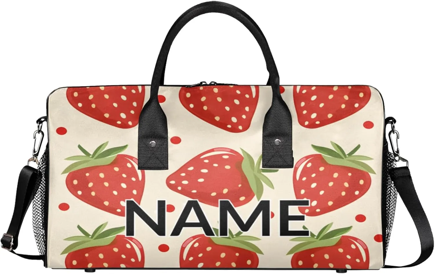 Personalized Cute Strawberry Travel Duffel Bag with Name, Custom Gym Sport Bag Modern Cartoon Carry On Weekend Overnight Duffel Bag for Men Women