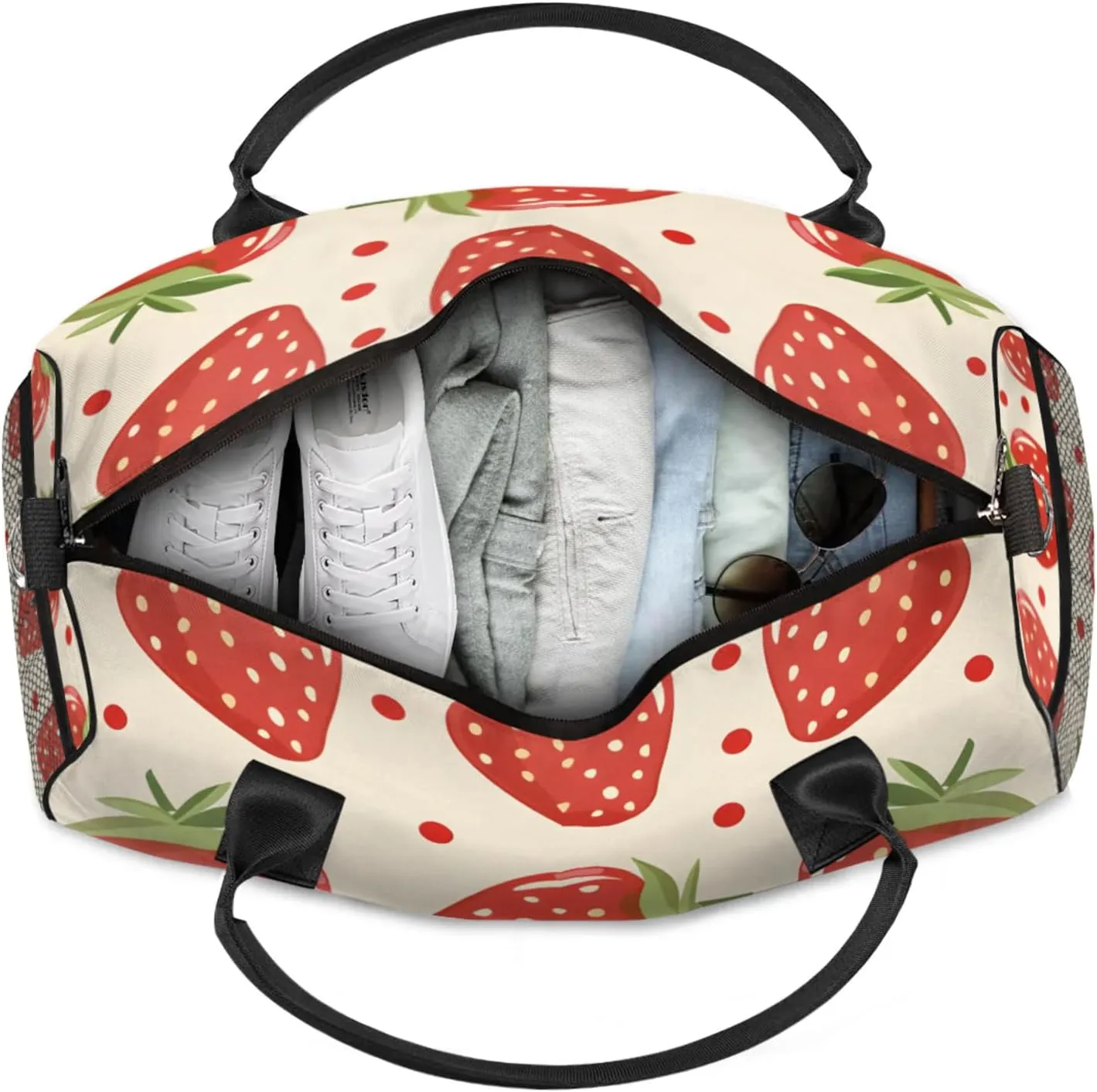 Personalized Cute Strawberry Travel Duffel Bag with Name, Custom Gym Sport Bag Modern Cartoon Carry On Weekend Overnight Duffel Bag for Men Women