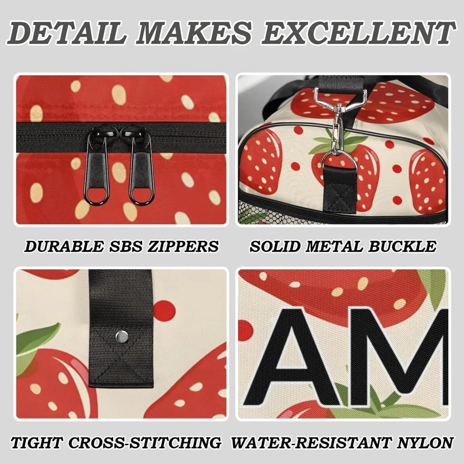 Personalized Cute Strawberry Travel Duffel Bag with Name, Custom Gym Sport Bag Modern Cartoon Carry On Weekend Overnight Duffel Bag for Men Women