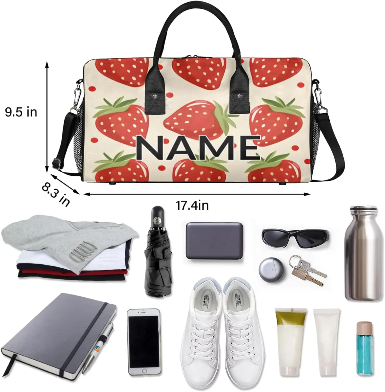 Personalized Cute Strawberry Travel Duffel Bag with Name, Custom Gym Sport Bag Modern Cartoon Carry On Weekend Overnight Duffel Bag for Men Women