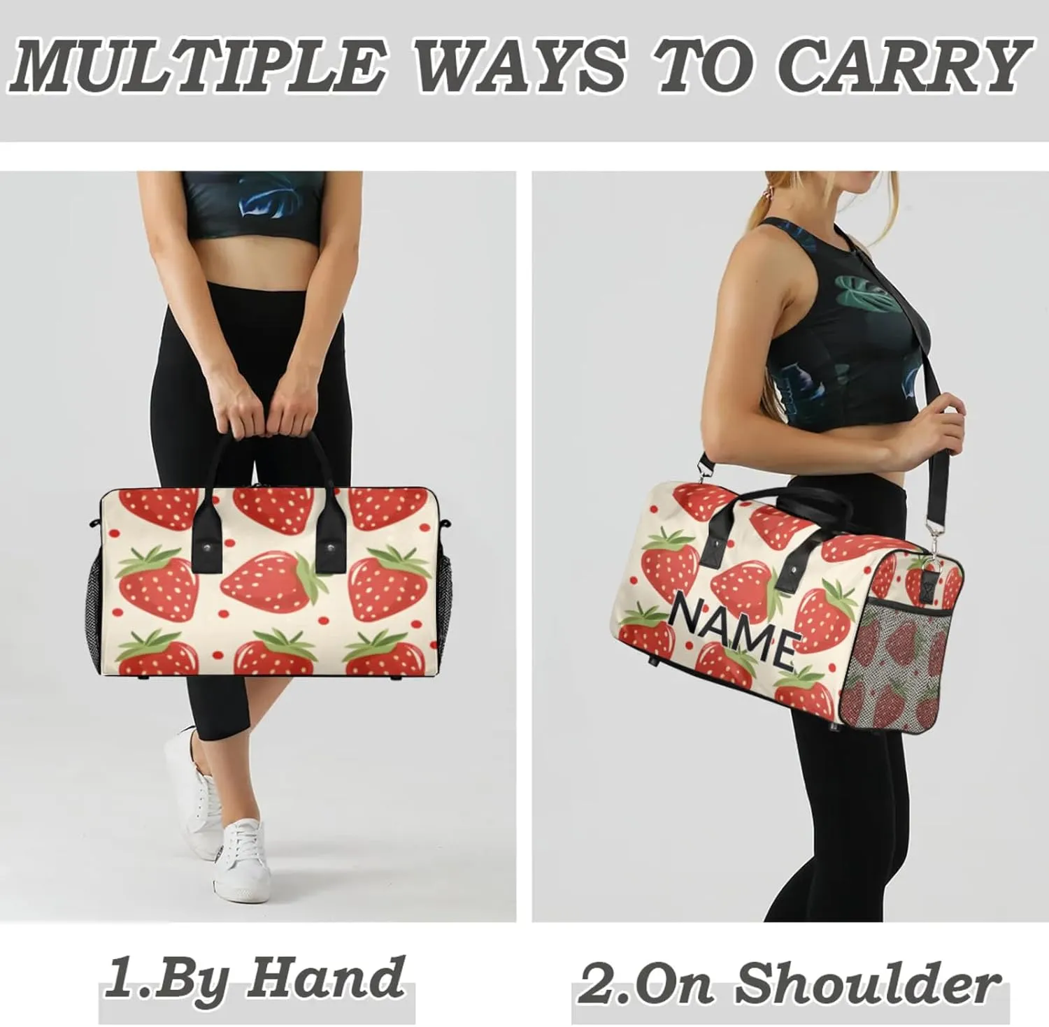 Personalized Cute Strawberry Travel Duffel Bag with Name, Custom Gym Sport Bag Modern Cartoon Carry On Weekend Overnight Duffel Bag for Men Women