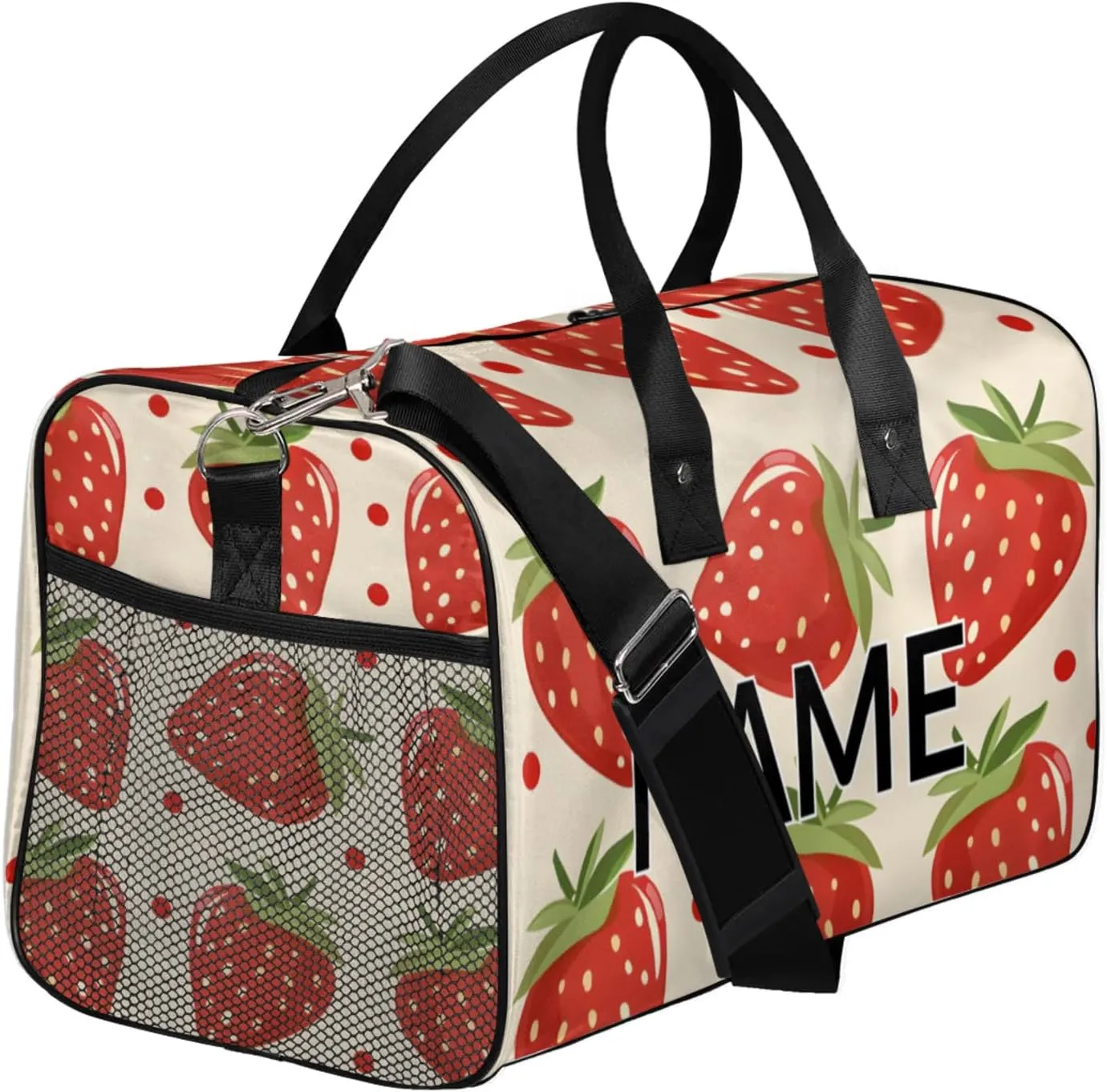 Personalized Cute Strawberry Travel Duffel Bag with Name, Custom Gym Sport Bag Modern Cartoon Carry On Weekend Overnight Duffel Bag for Men Women