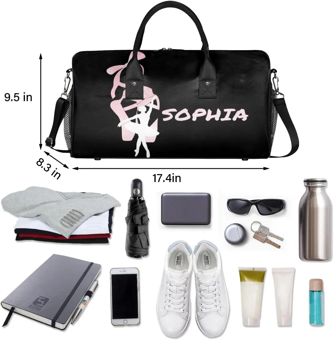 Personalized Dance Bag Travel Duffle Bag Custom Name Sport Gym Bag Carry On Weekender Bag Sleepover Athletic Bag for Women, Black Pinks