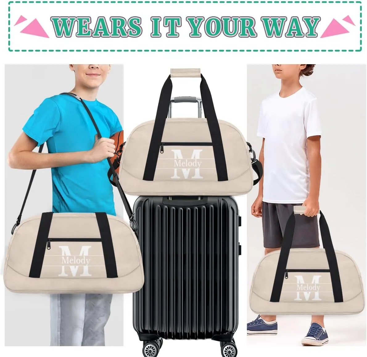 Personalized Dance Gym Bag, Custom Beige with Initial Letter Sport Duffel Bag Large Compartment Cheerleaders Dance Weekender Bags Travel Bag