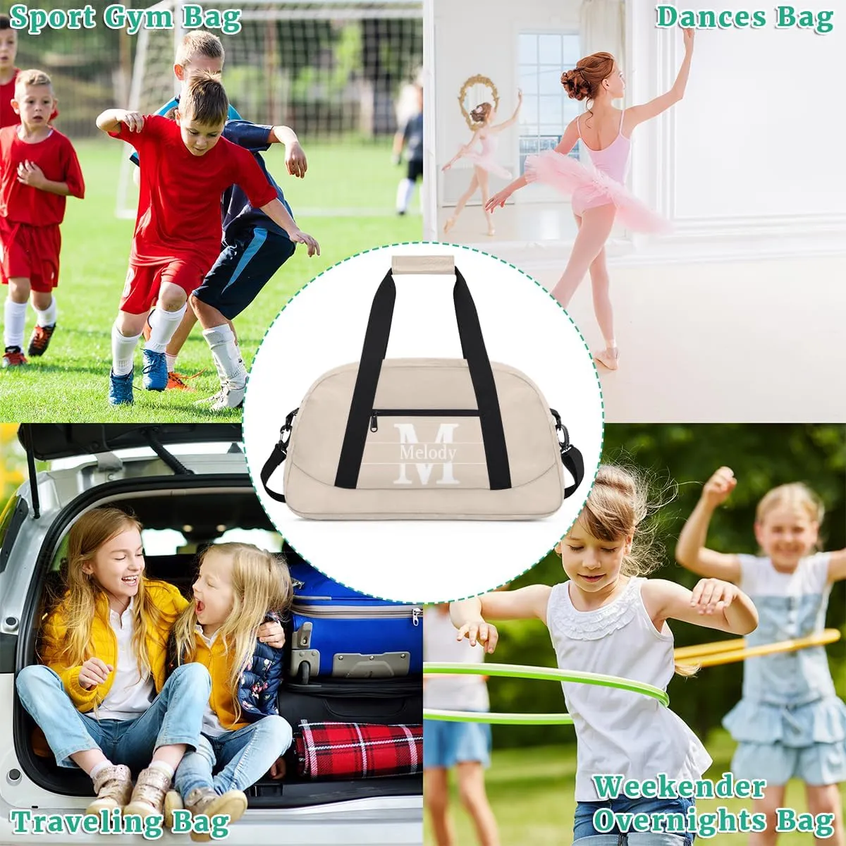 Personalized Dance Gym Bag, Custom Beige with Initial Letter Sport Duffel Bag Large Compartment Cheerleaders Dance Weekender Bags Travel Bag