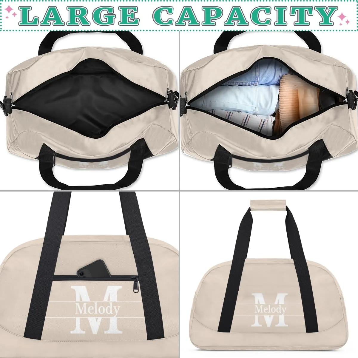 Personalized Dance Gym Bag, Custom Beige with Initial Letter Sport Duffel Bag Large Compartment Cheerleaders Dance Weekender Bags Travel Bag