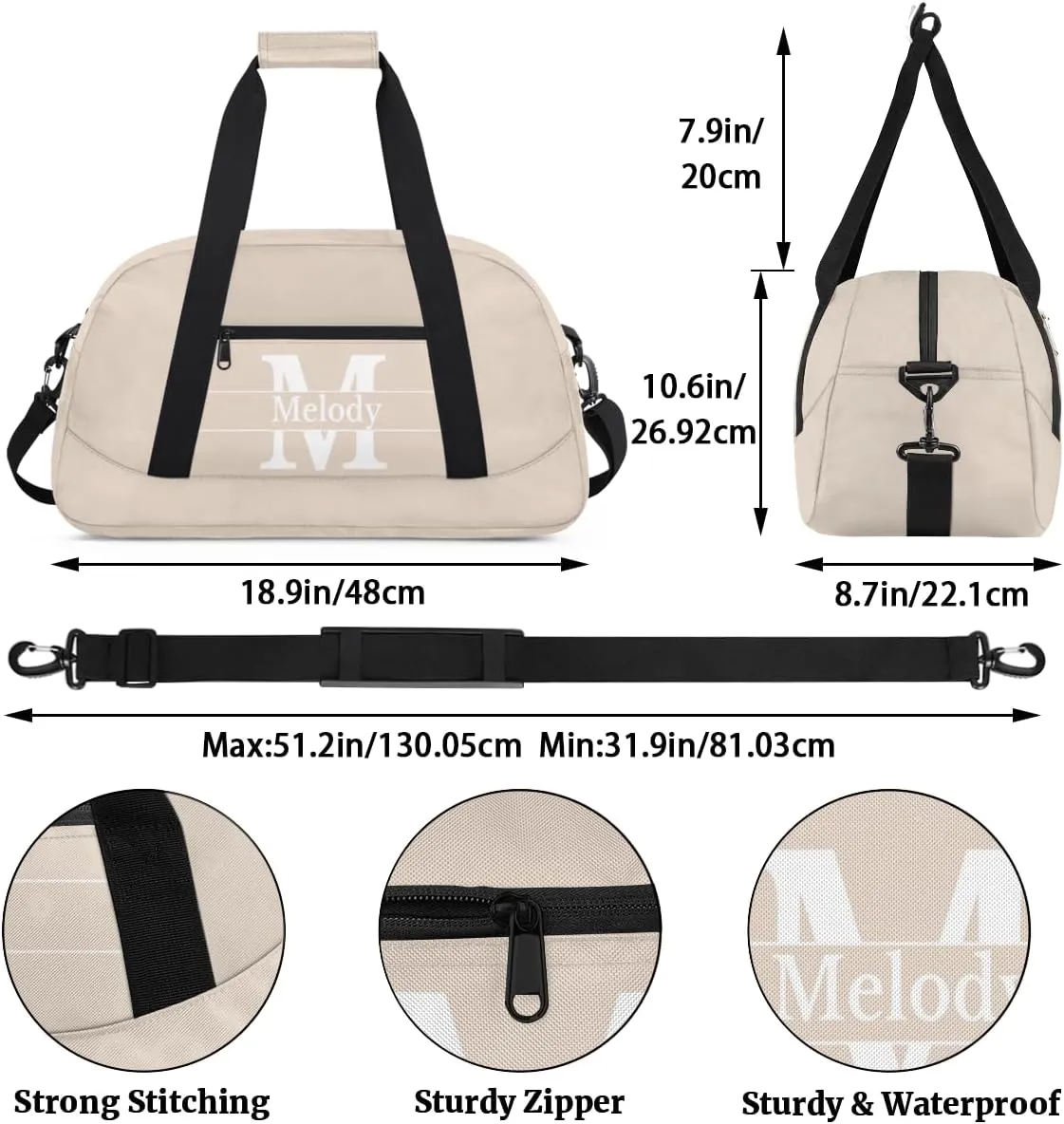 Personalized Dance Gym Bag, Custom Beige with Initial Letter Sport Duffel Bag Large Compartment Cheerleaders Dance Weekender Bags Travel Bag