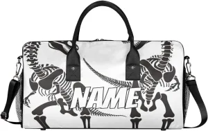 Personalized Dinosaur Skeletons Travel Duffel Bag with Name, Custom Gym Sport Bag Black White Carry On Weekend Overnight Duffel Bag for Men Women