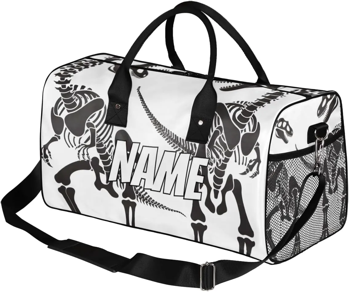 Personalized Dinosaur Skeletons Travel Duffel Bag with Name, Custom Gym Sport Bag Black White Carry On Weekend Overnight Duffel Bag for Men Women