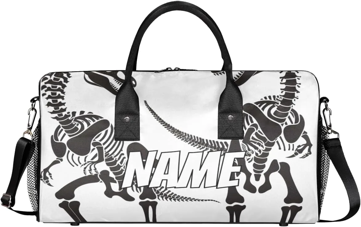 Personalized Dinosaur Skeletons Travel Duffel Bag with Name, Custom Gym Sport Bag Black White Carry On Weekend Overnight Duffel Bag for Men Women