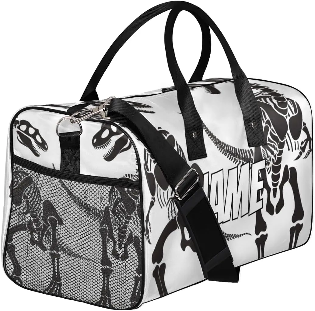 Personalized Dinosaur Skeletons Travel Duffel Bag with Name, Custom Gym Sport Bag Black White Carry On Weekend Overnight Duffel Bag for Men Women
