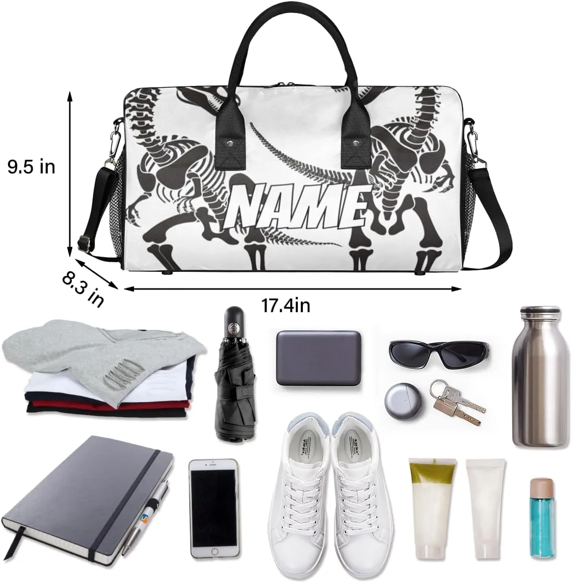 Personalized Dinosaur Skeletons Travel Duffel Bag with Name, Custom Gym Sport Bag Black White Carry On Weekend Overnight Duffel Bag for Men Women
