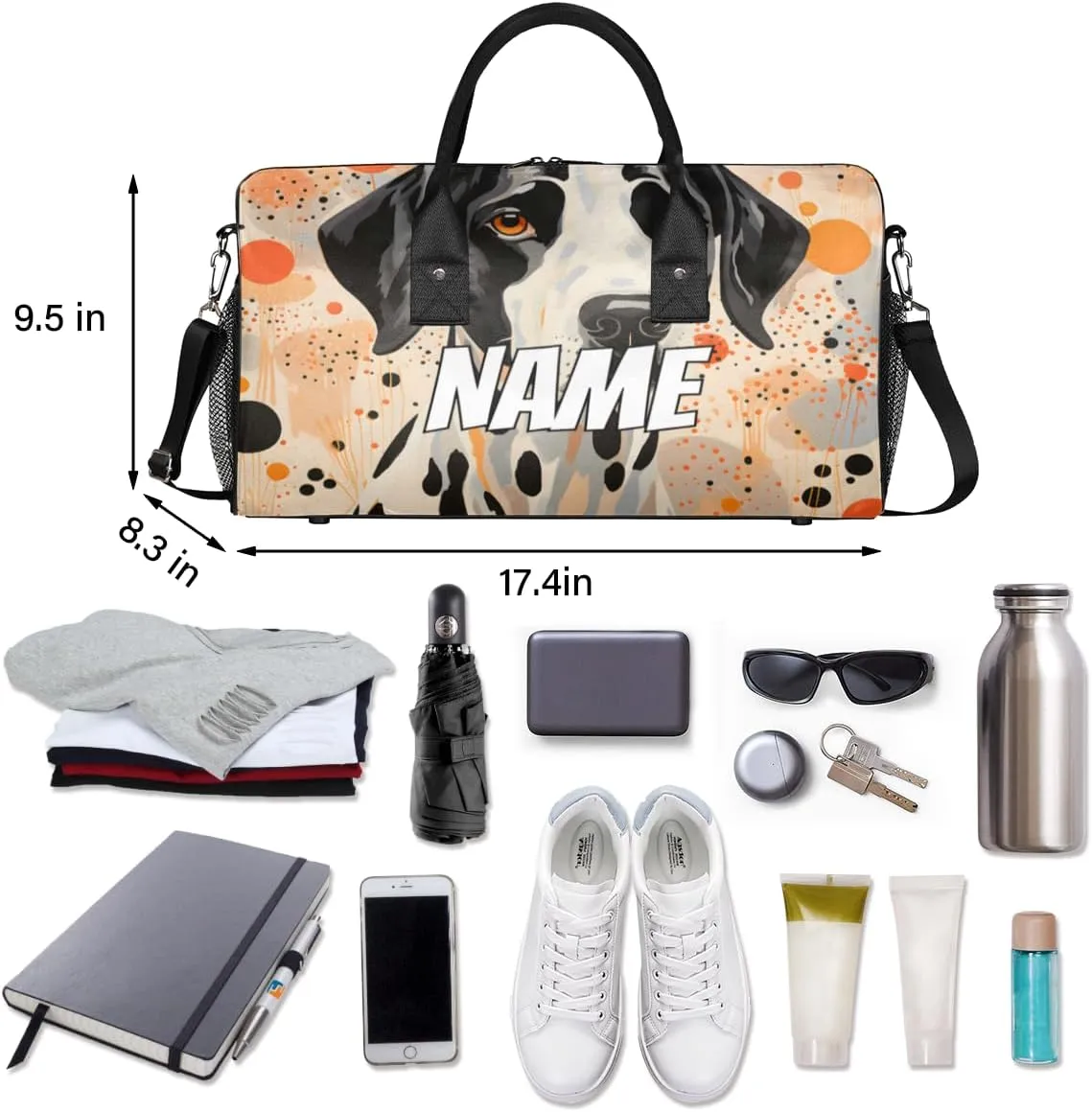 Personalized Dot Dalmatian Travel Duffel Bag with Name, Custom Gym Sport Bag Black Orange Dot Carry On Weekend Overnight Duffel Bag for Men Women