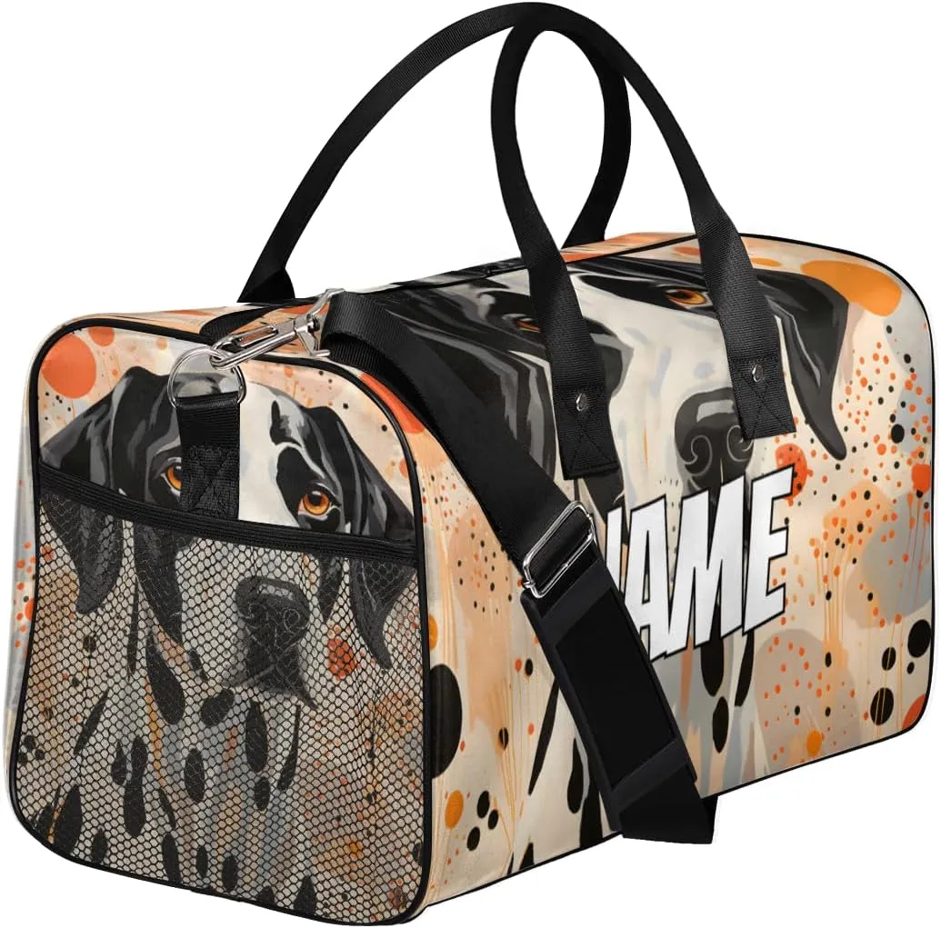 Personalized Dot Dalmatian Travel Duffel Bag with Name, Custom Gym Sport Bag Black Orange Dot Carry On Weekend Overnight Duffel Bag for Men Women