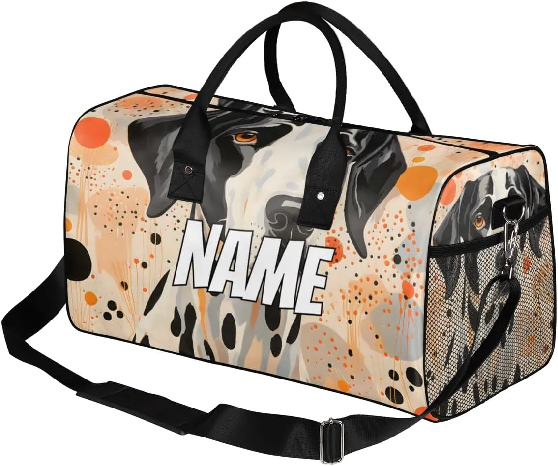 Personalized Dot Dalmatian Travel Duffel Bag with Name, Custom Gym Sport Bag Black Orange Dot Carry On Weekend Overnight Duffel Bag for Men Women