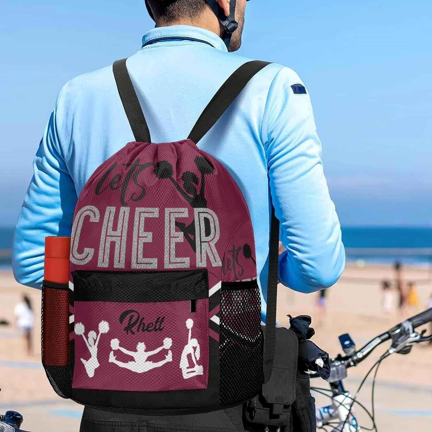 Personalized Drawstring Backpack Bag,Custom Lets Cheer Cheerleader Plum Red Sport Bag Gym Bag Customized Travel Bag with Name or Text