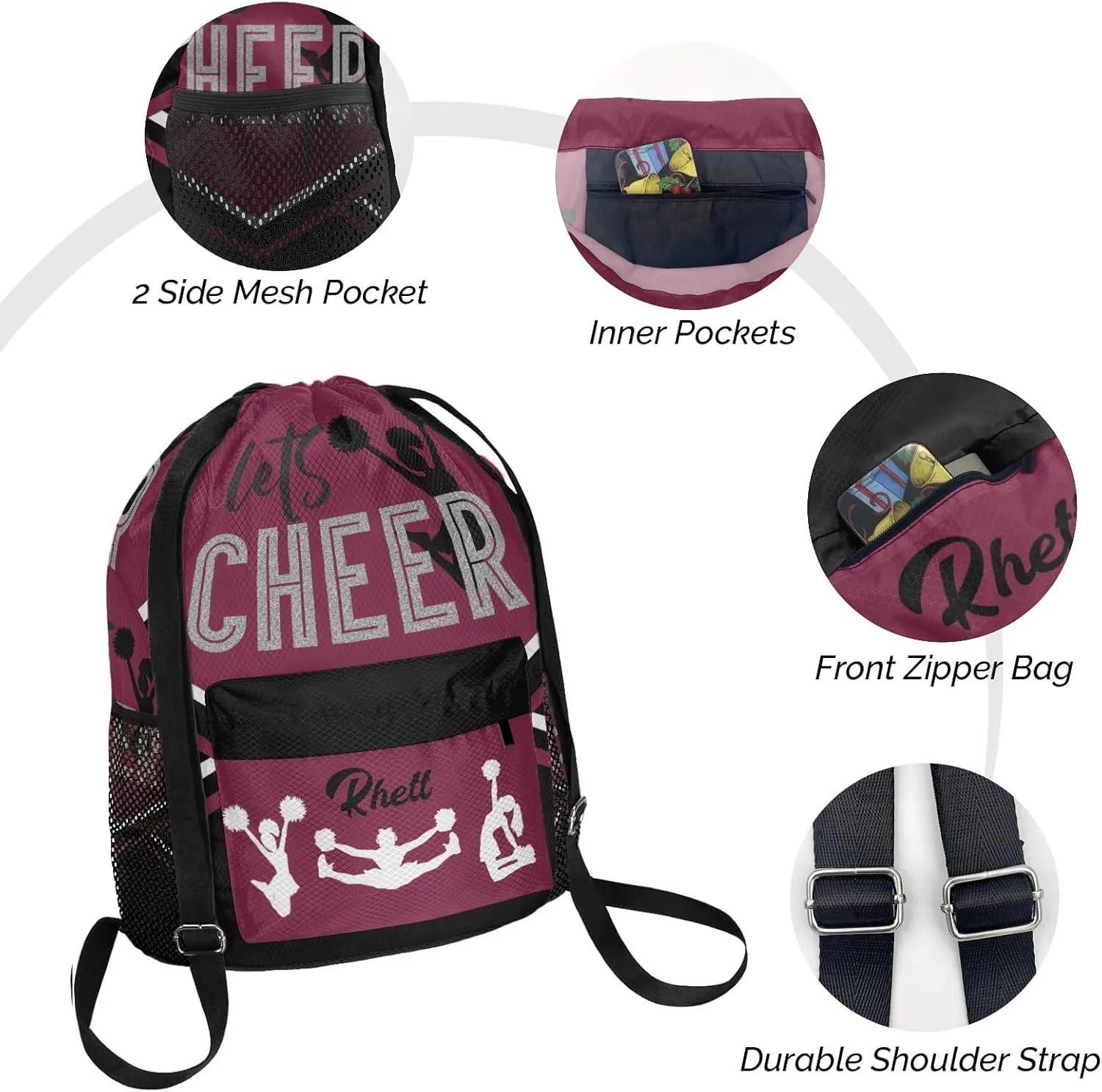 Personalized Drawstring Backpack Bag,Custom Lets Cheer Cheerleader Plum Red Sport Bag Gym Bag Customized Travel Bag with Name or Text