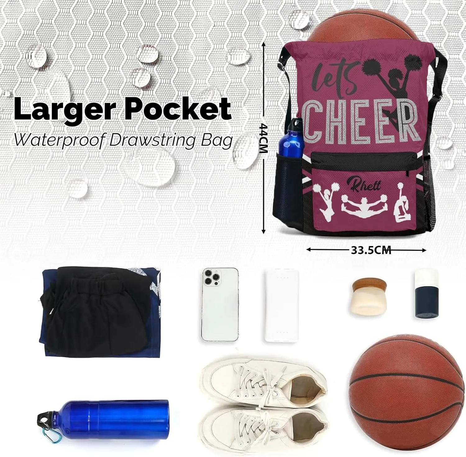 Personalized Drawstring Backpack Bag,Custom Lets Cheer Cheerleader Plum Red Sport Bag Gym Bag Customized Travel Bag with Name or Text