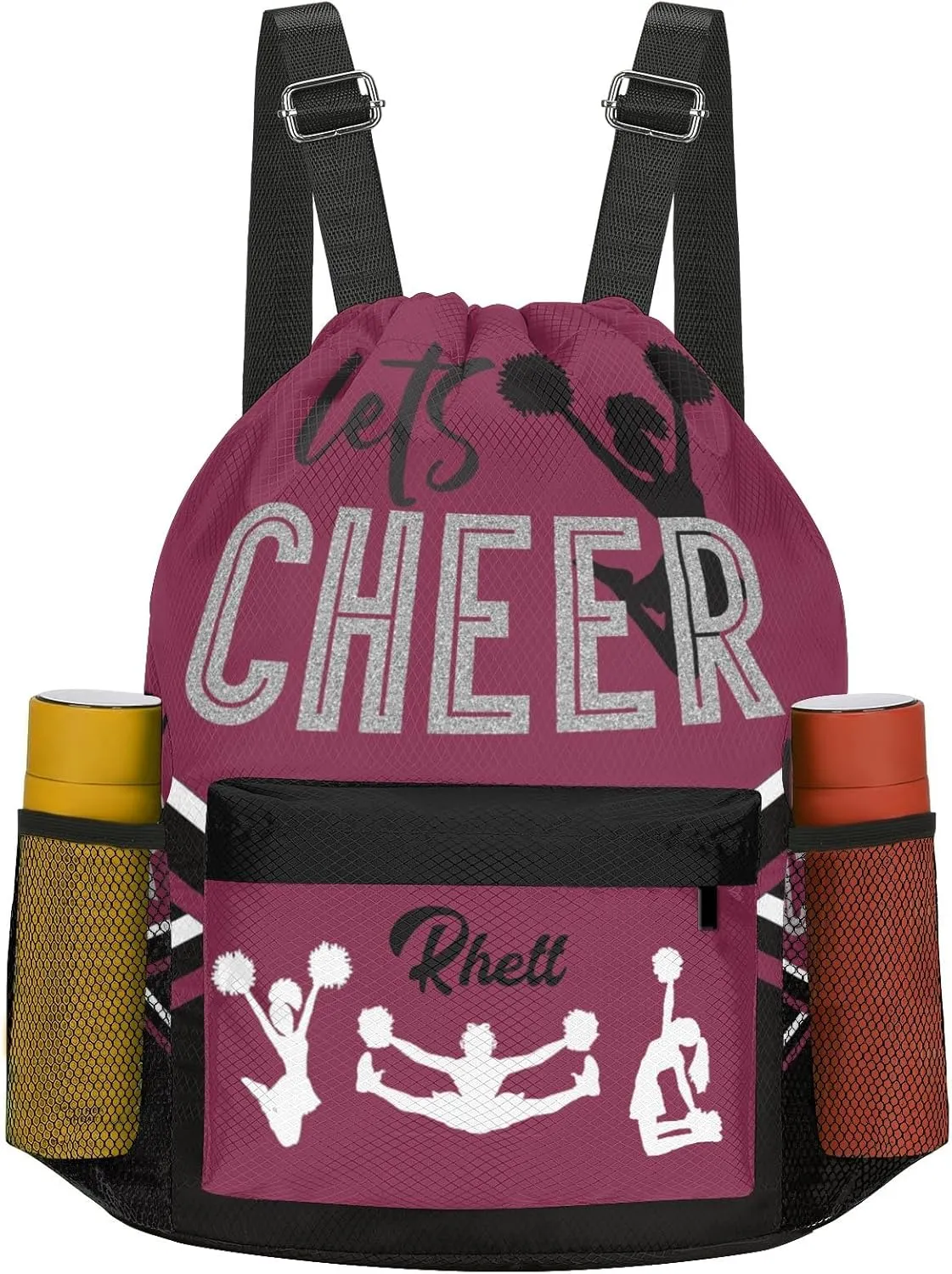 Personalized Drawstring Backpack Bag,Custom Lets Cheer Cheerleader Plum Red Sport Bag Gym Bag Customized Travel Bag with Name or Text