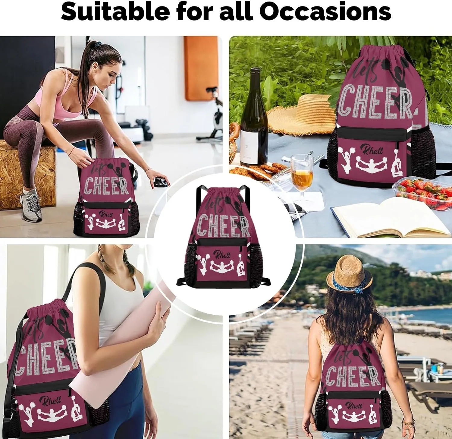 Personalized Drawstring Backpack Bag,Custom Lets Cheer Cheerleader Plum Red Sport Bag Gym Bag Customized Travel Bag with Name or Text