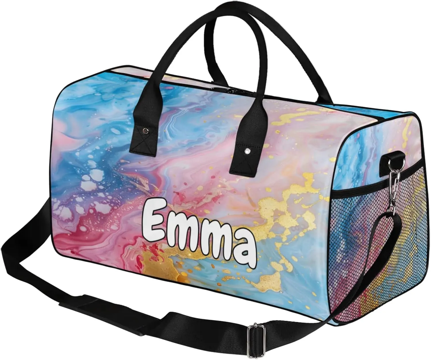 Personalized Dreamy Marble Travel Duffel Bag with Name, Custom Gym Sport Bag Marble Print Carry On Weekend Overnight Duffel Bag for Men Women