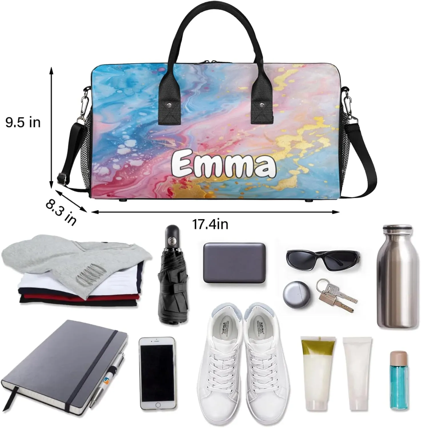 Personalized Dreamy Marble Travel Duffel Bag with Name, Custom Gym Sport Bag Marble Print Carry On Weekend Overnight Duffel Bag for Men Women