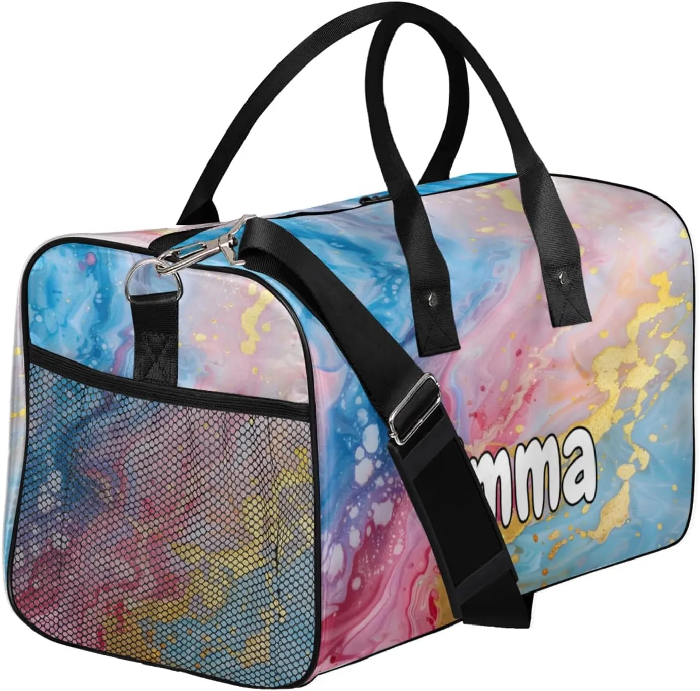 Personalized Dreamy Marble Travel Duffel Bag with Name, Custom Gym Sport Bag Marble Print Carry On Weekend Overnight Duffel Bag for Men Women