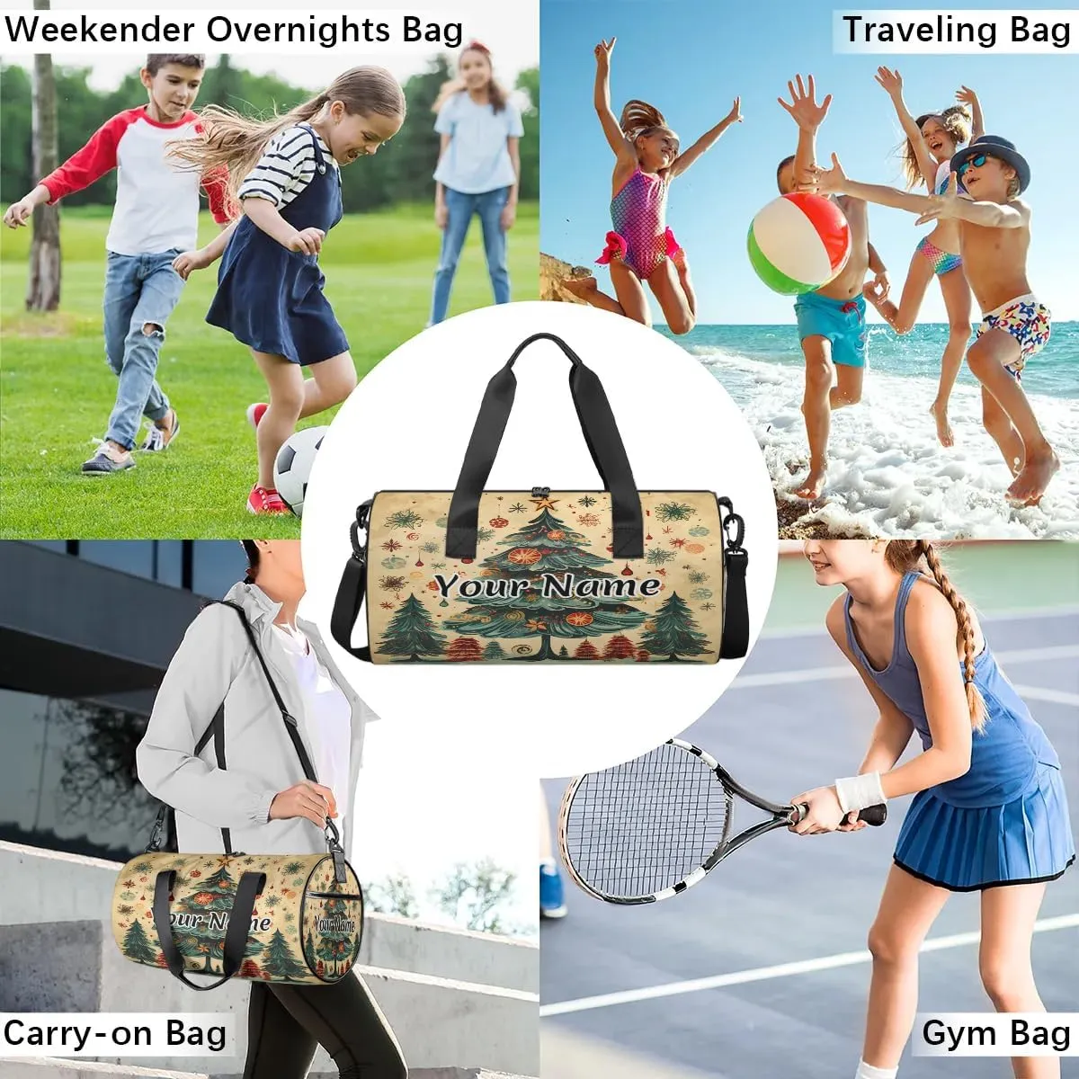 Personalized Duffel Bag for Women, Custom Christmas Trees Gym Bag for Sports, Waterproof Dance Bag with Name, Lightweight Carryon Gym Bag, Christmas