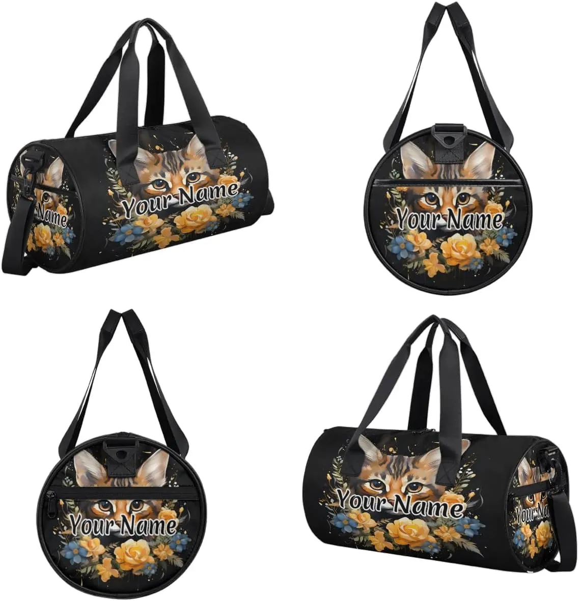 Personalized Duffel Bag for Women, Custom Cute Cat Gym Bag for Sports, Waterproof Dance Bag with Name, Lightweight Carryon Gym Bag, Floral Animal