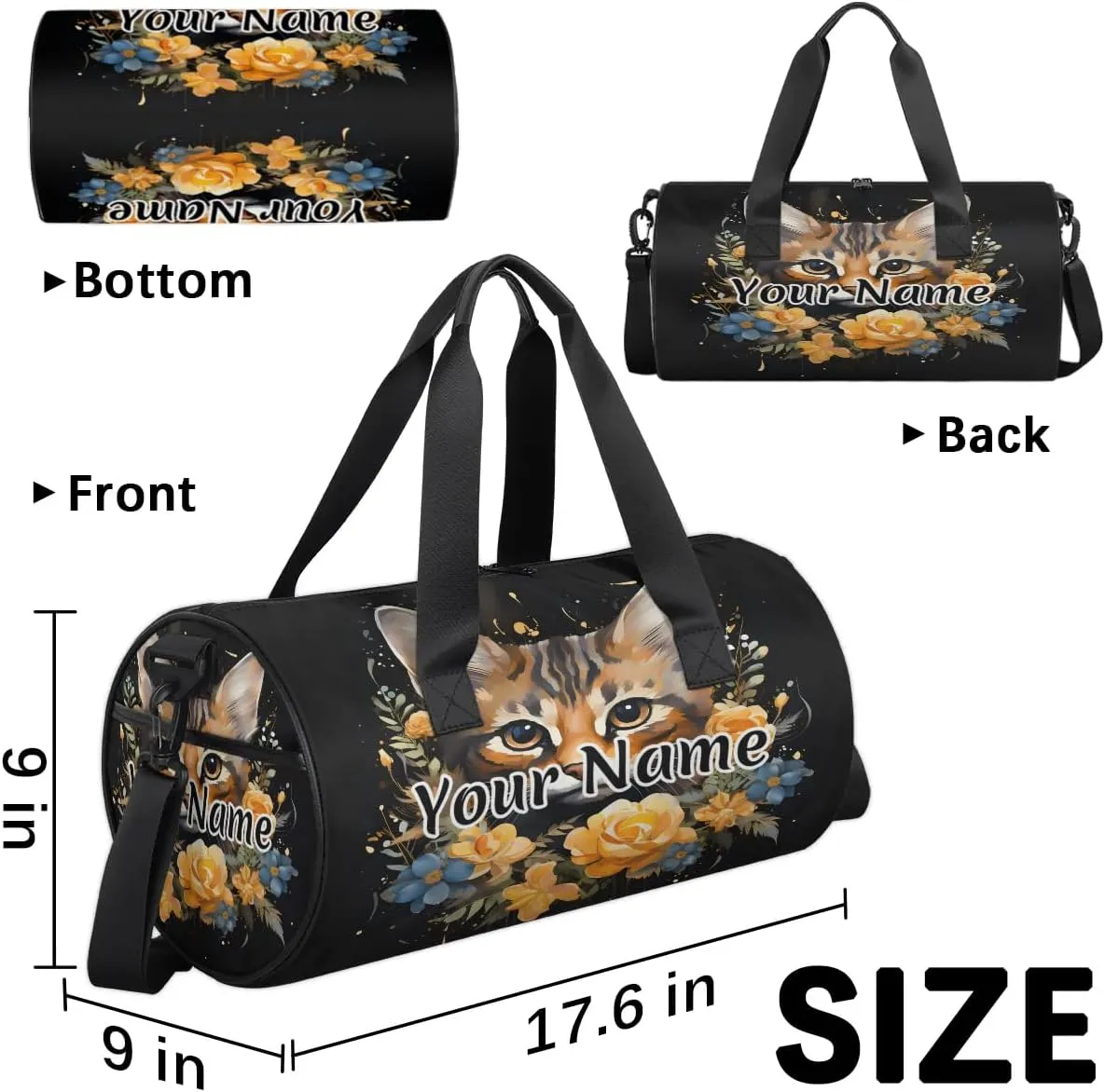 Personalized Duffel Bag for Women, Custom Cute Cat Gym Bag for Sports, Waterproof Dance Bag with Name, Lightweight Carryon Gym Bag, Floral Animal