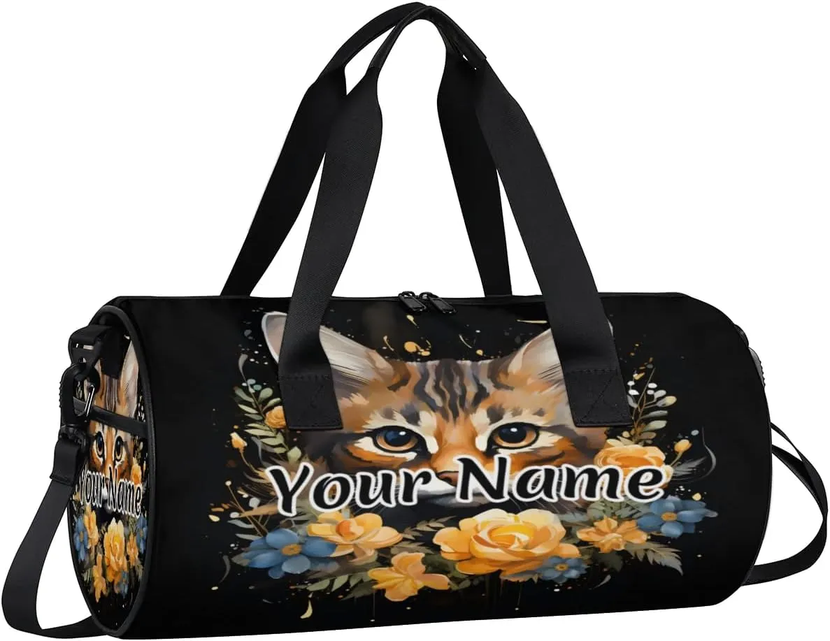 Personalized Duffel Bag for Women, Custom Cute Cat Gym Bag for Sports, Waterproof Dance Bag with Name, Lightweight Carryon Gym Bag, Floral Animal